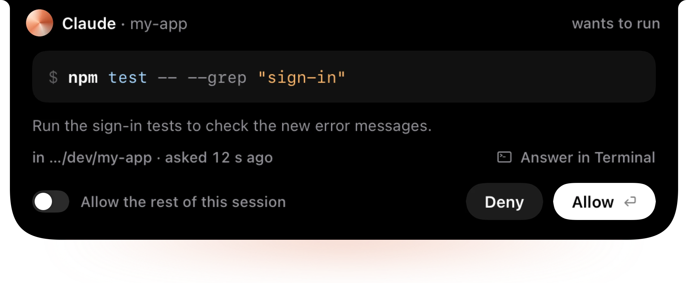 Crest in the notch: Claude wants to run npm test, with the whole command, the folder it runs in, Deny and Allow, and a switch to allow the rest of the session.