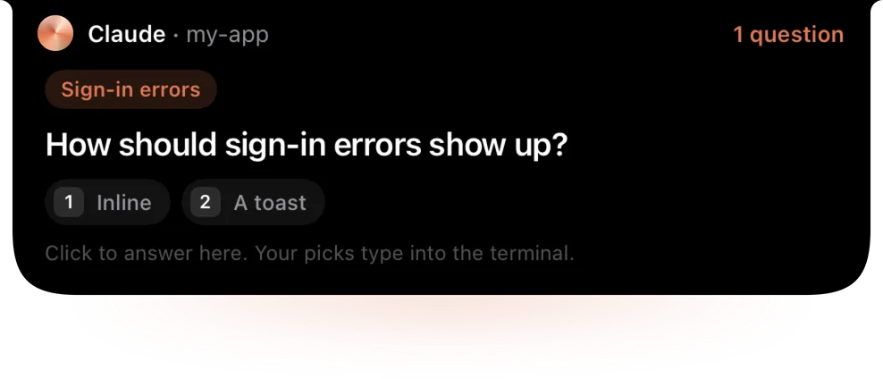 The peek over Claude's question: How should sign-in errors show up?
