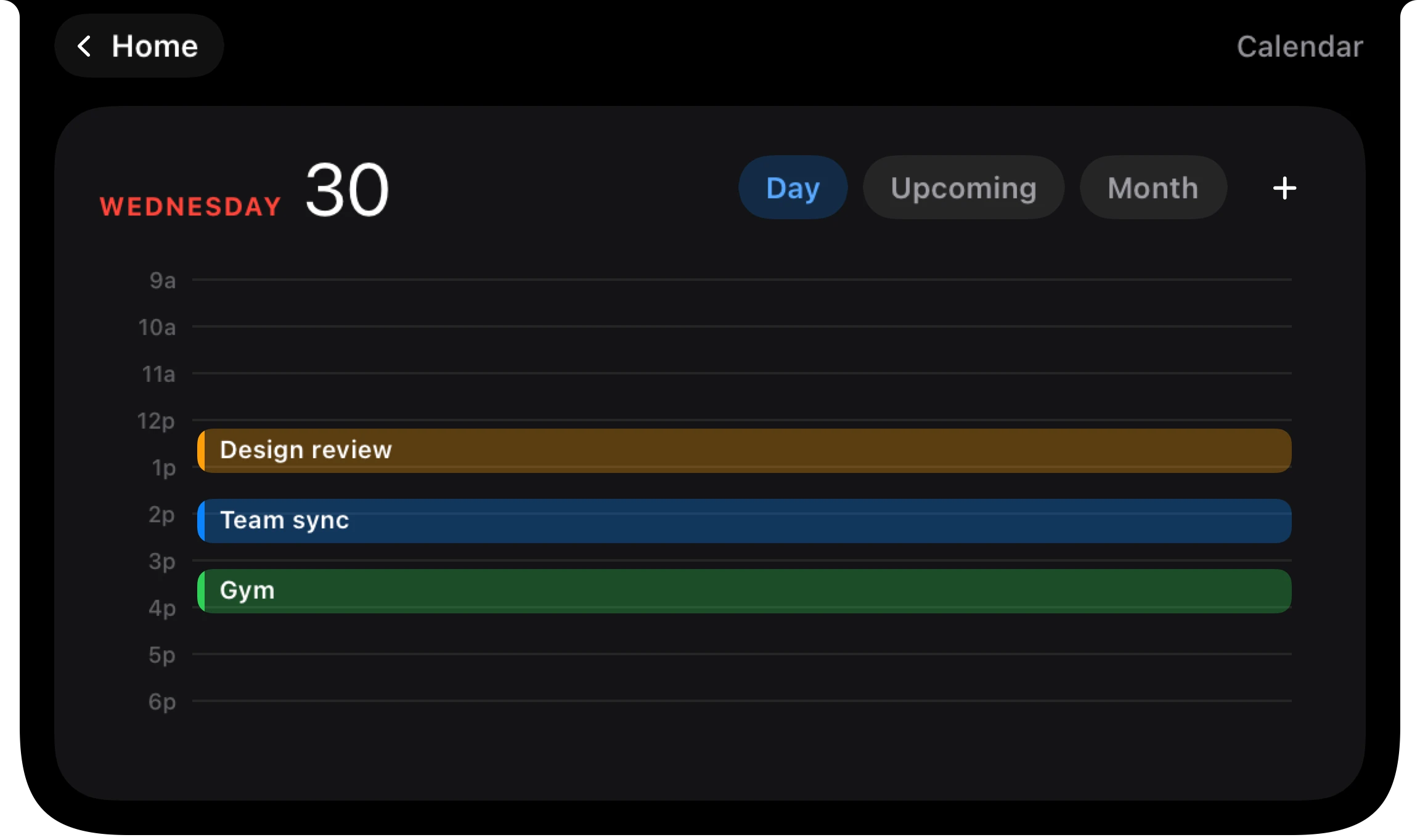 Crest's calendar open under the notch: today with a design review, a team sync and the gym.