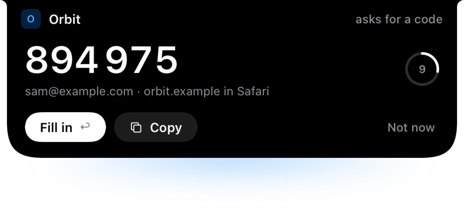 The code offer open: Orbit's code 894975 for sam@example.com, Fill in and Copy