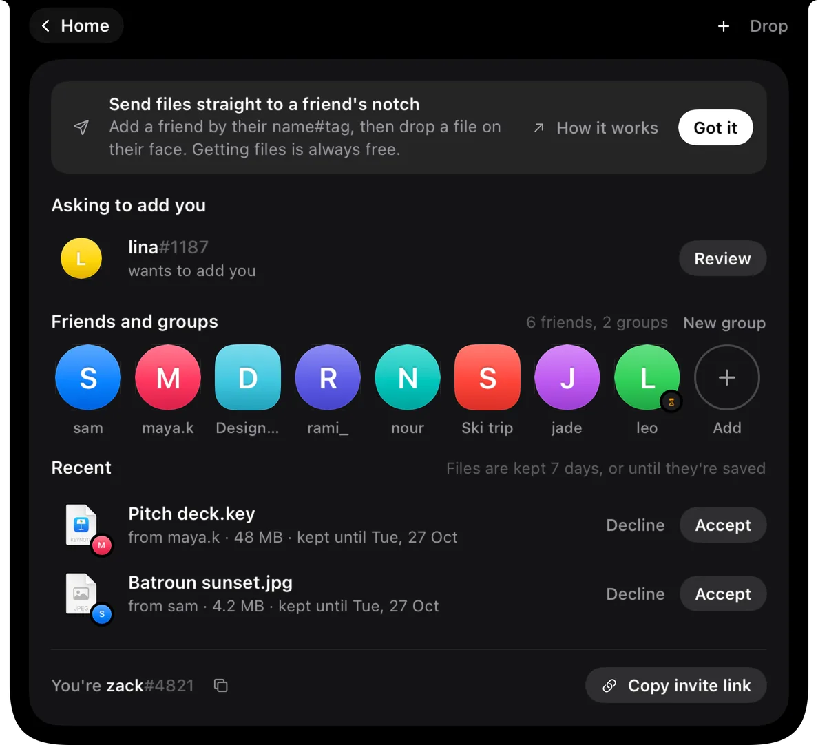 The Drop screen: friends and groups, files waiting to be accepted, your name and invite link