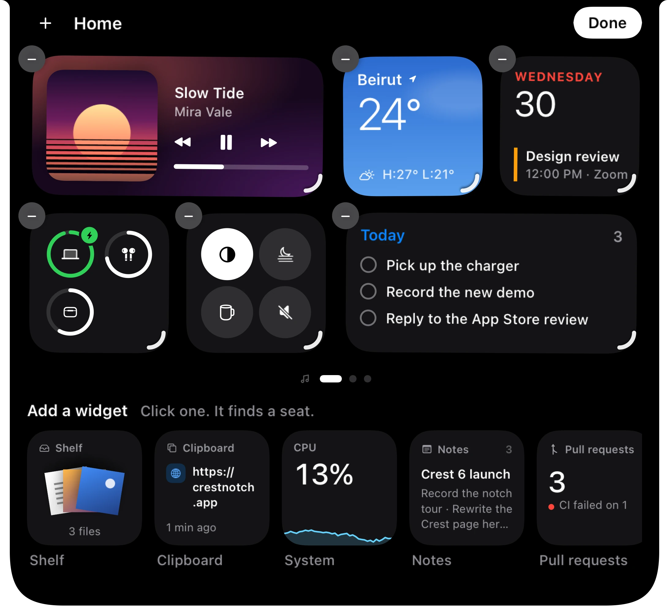 Editing Home in Crest 6: stretch or remove widgets, and add Shelf, Clipboard, System, Notes or Pull requests from the gallery