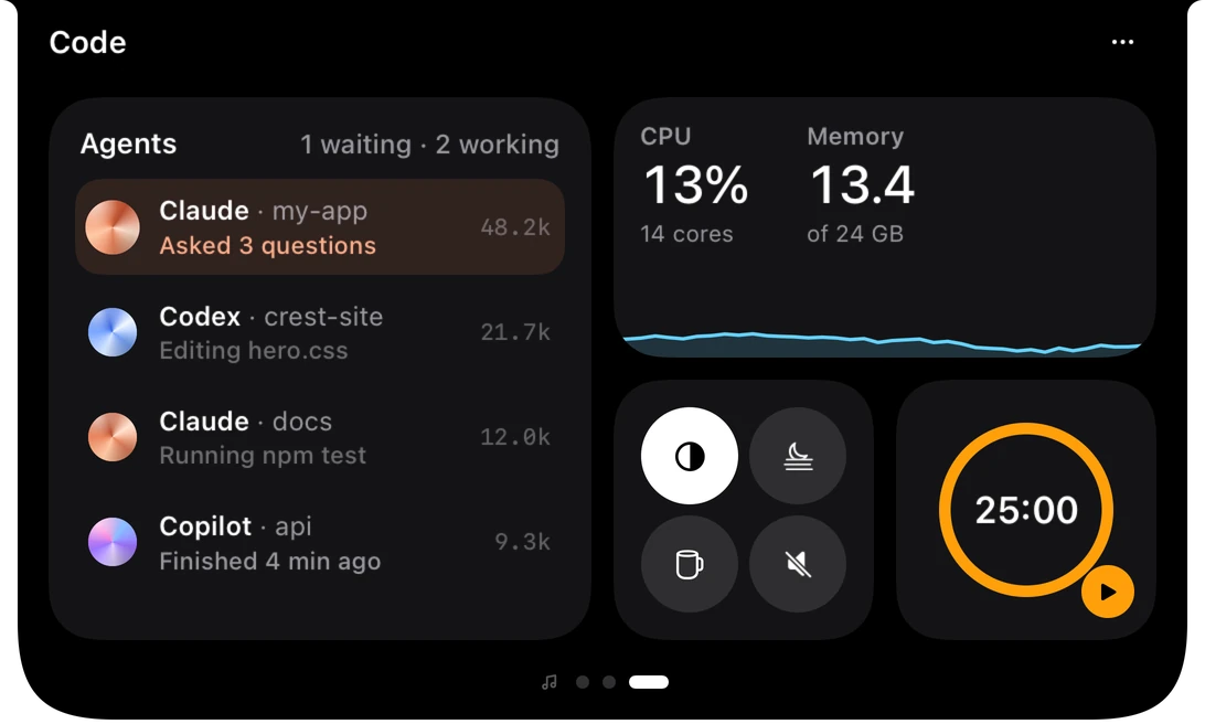 Crest's Code page: Claude asking on my-app, Codex on crest-site, the CPU and memory, a focus timer