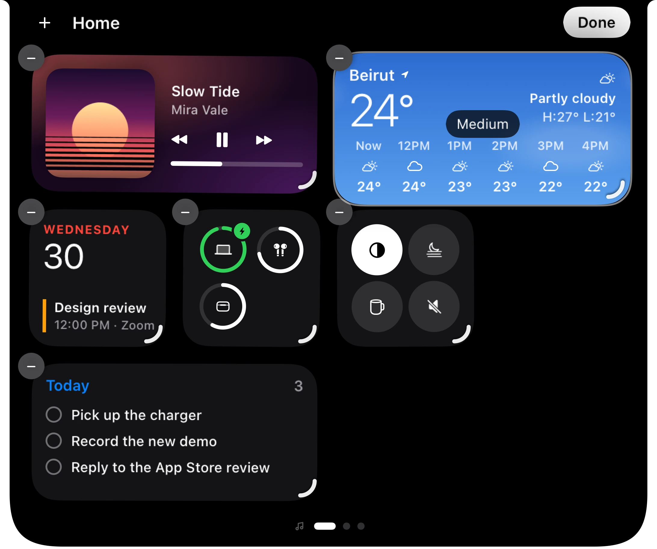 Home in edit mode: every widget with a remove button and a corner to stretch it by.