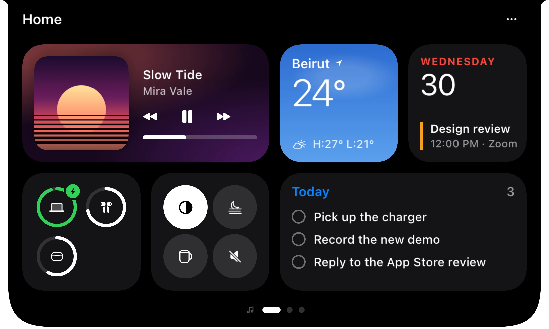 The Home page in Crest 6: Now Playing, the weather, the calendar and batteries, as widgets in one shape under the notch