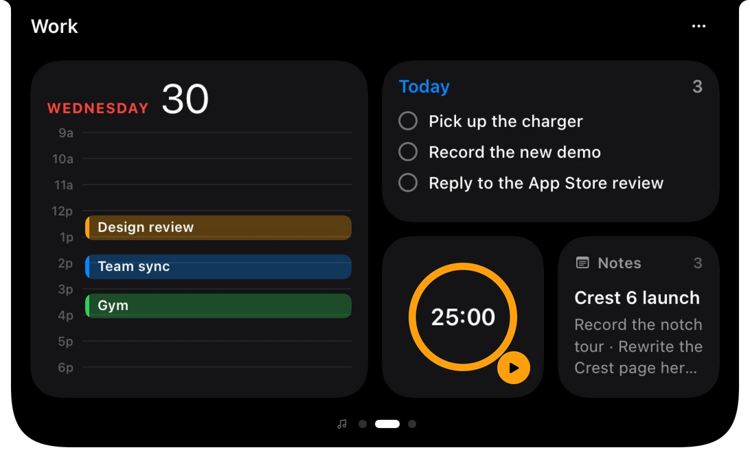 Crest's Work page: the day, the to-dos, a focus timer and the latest note