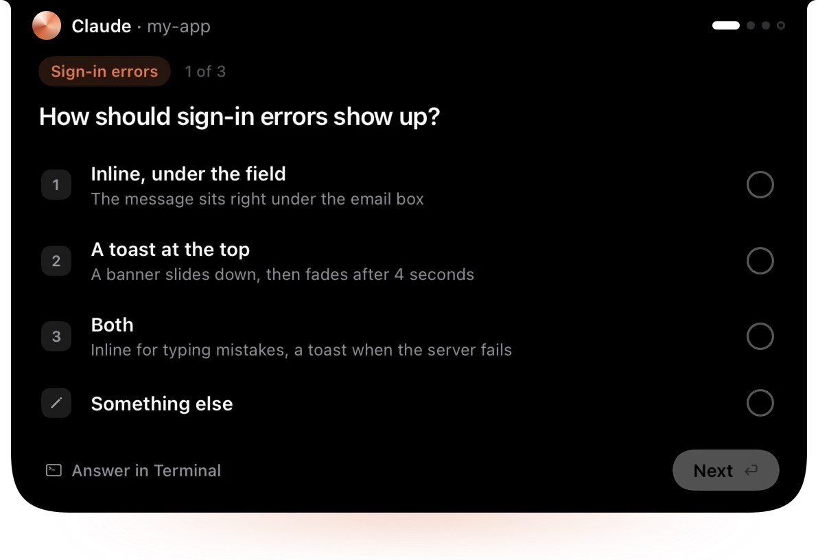 Claude's question card in the notch: How should sign-in errors show up? Inline, A toast at the top, Both, Something else