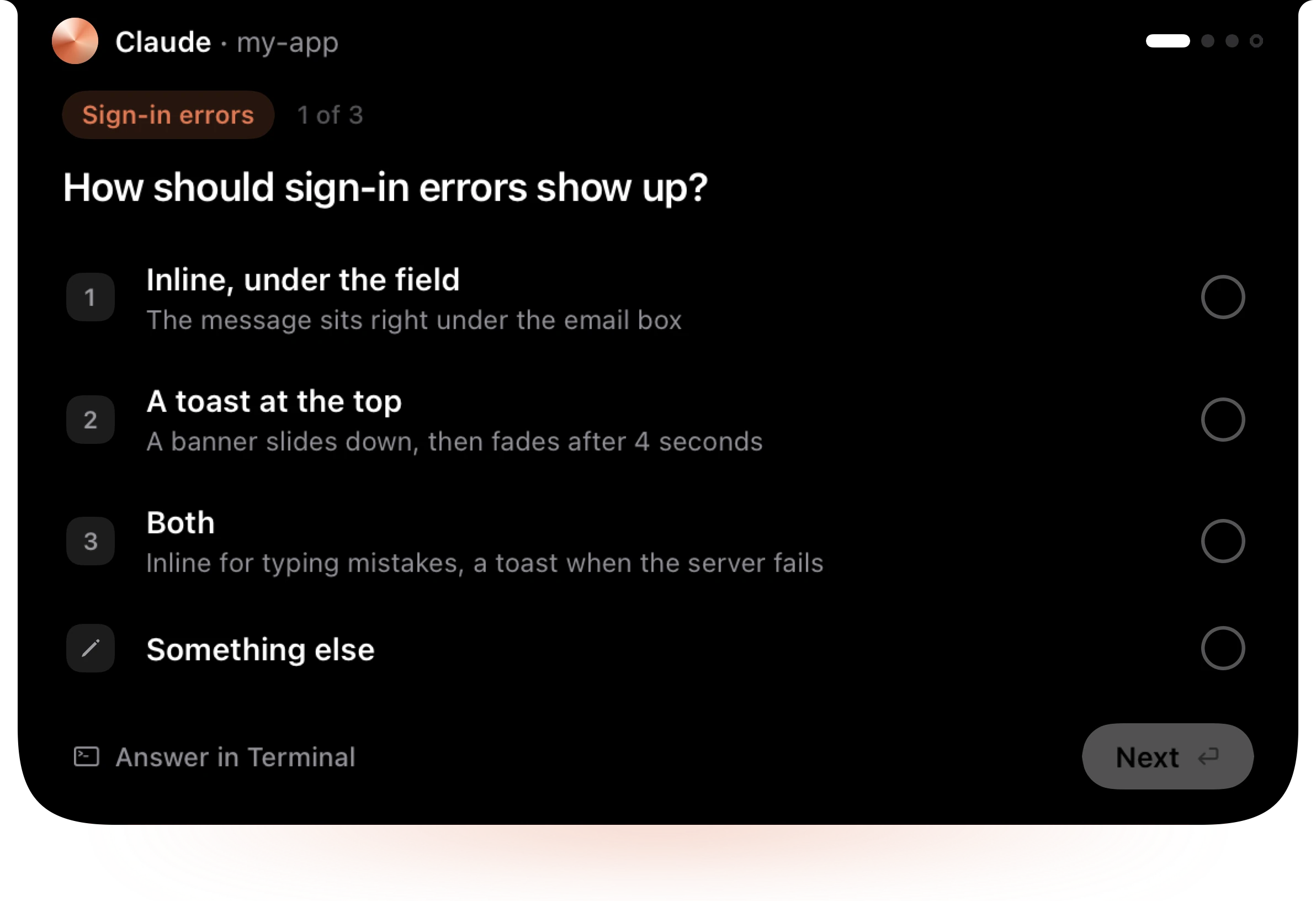 A Claude Code question as one card on the notch: the options, a field to type your own answer, and the session it came from