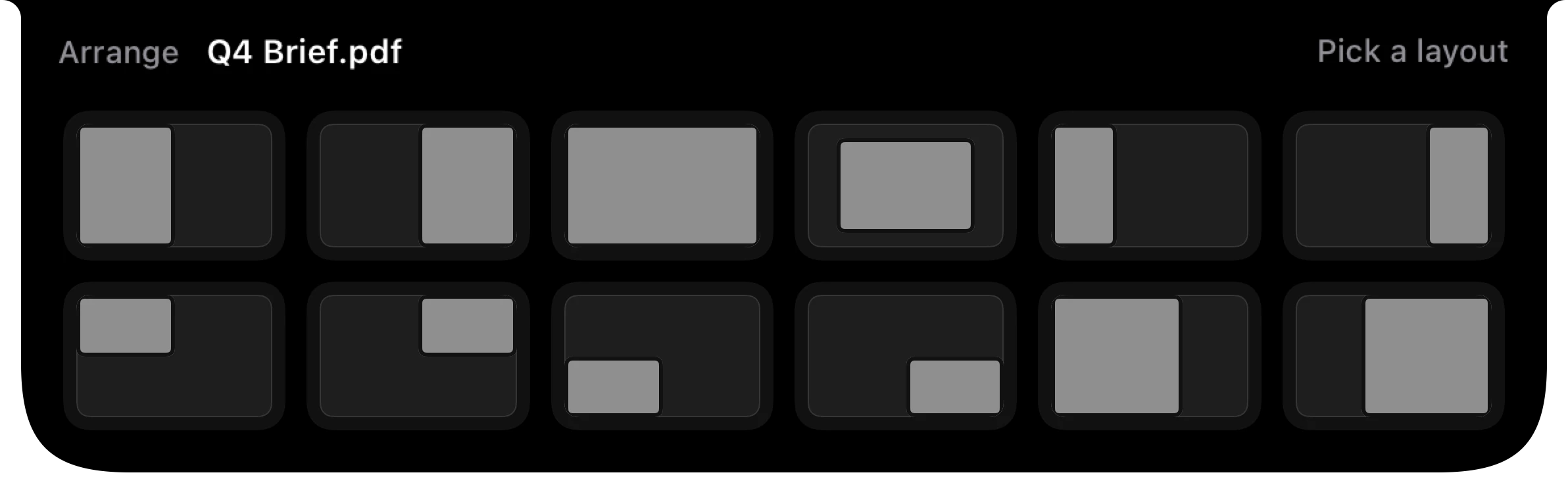 Crest 6 window snapping: a window held at the notch shows twelve layouts to drop it into