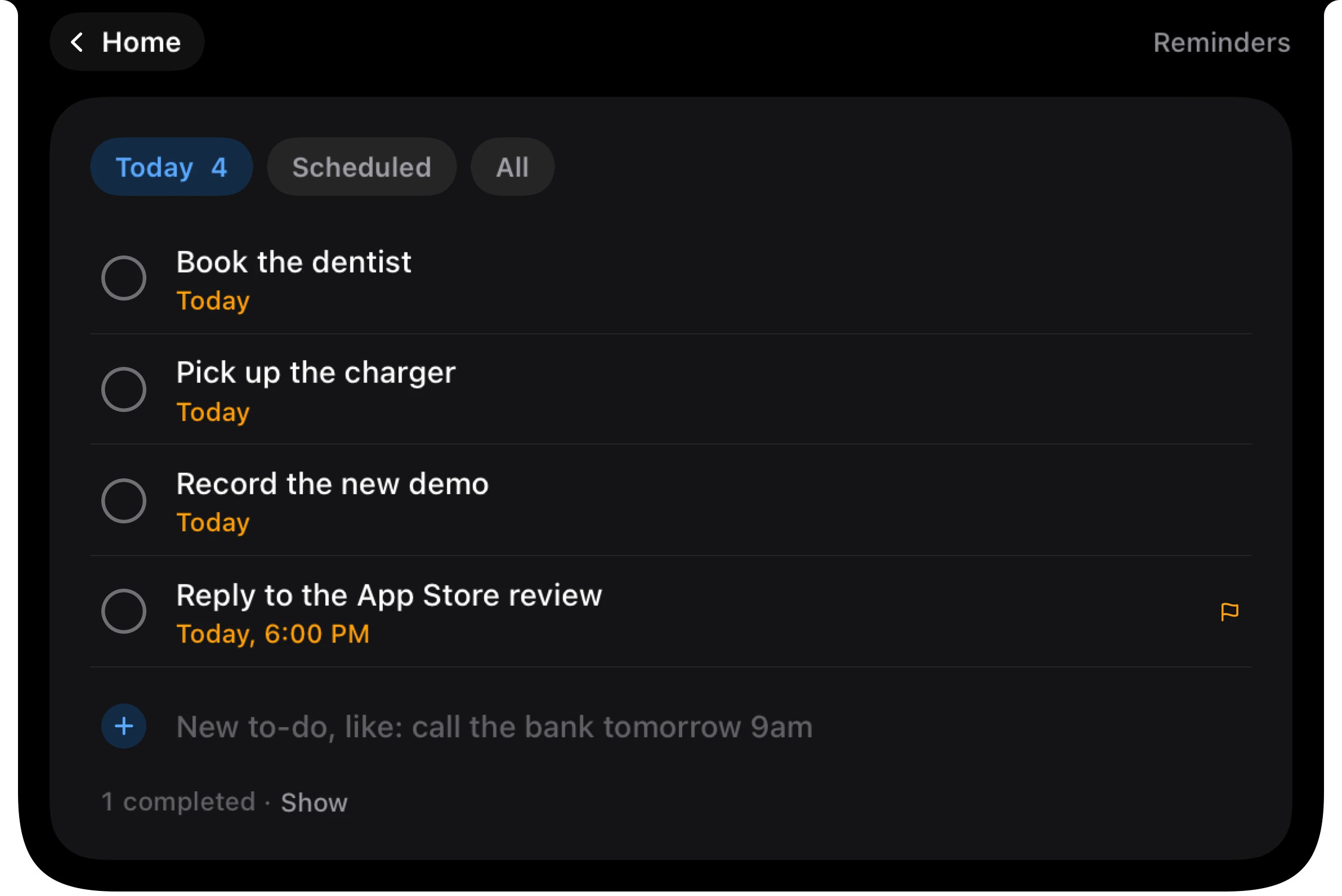 Crest 6 to-dos on the notch: today's list with due times, and a field that reads dates as you type