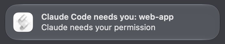 A macOS notification banner from Script Editor titled Claude Code needs you: web-app, reading Claude needs your permission
