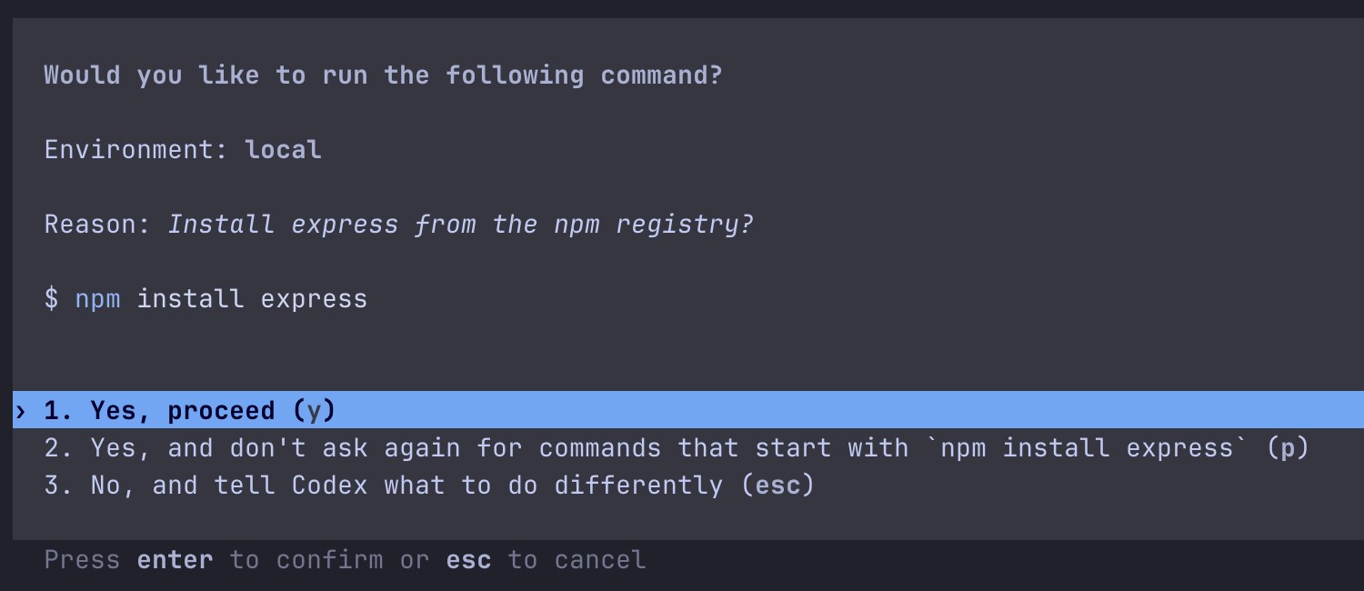 Codex CLI asking: Would you like to run the following command? Environment local, reason Install express from the npm registry, the command npm install express, and three answers: Yes, proceed; Yes, and don't ask again for commands that start with npm install express; No, and tell Codex what to do differently