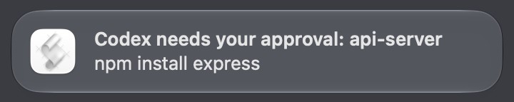 A macOS notification banner titled Codex needs your approval: api-server, reading npm install express