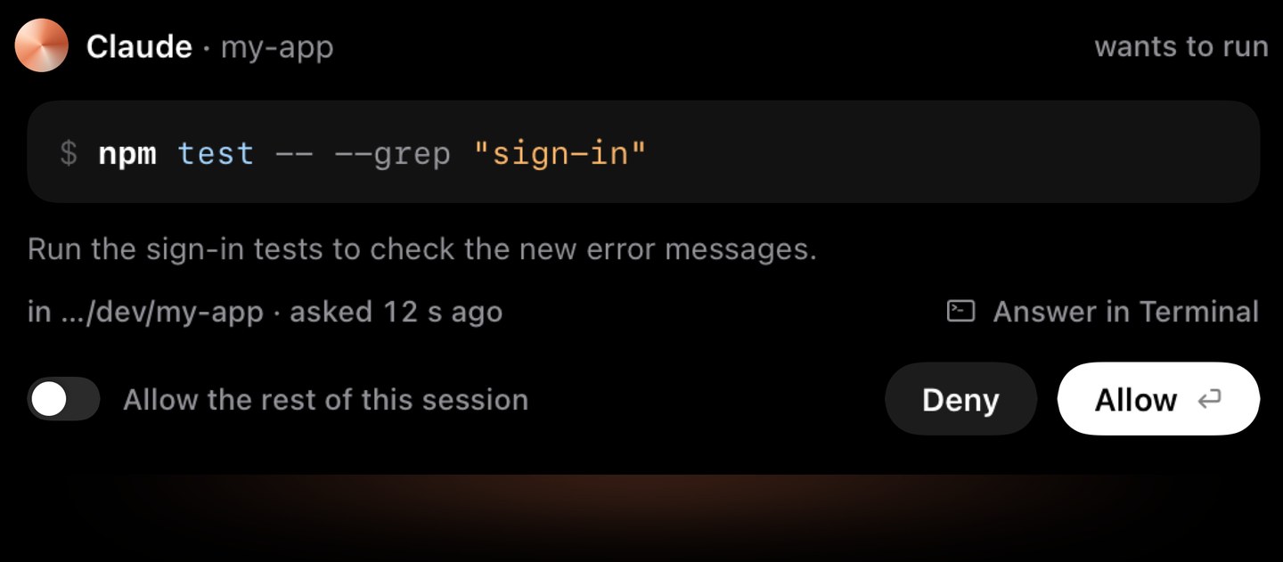 The ask opened under the notch: Claude wants to run npm test, with the whole command, where it runs, a switch reading Allow the rest of this session, Deny and Allow.
