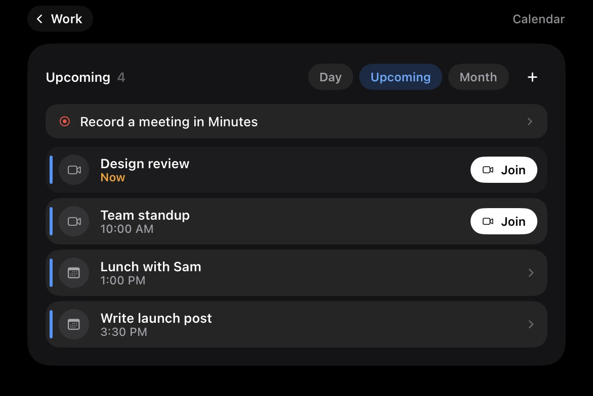 Crest's Calendar screen under the notch in its Upcoming view: Design review, now, and Team standup at 10:00 AM, each with a Join button, then Lunch with Sam at 1:00 PM and Write launch post at 3:30 PM
