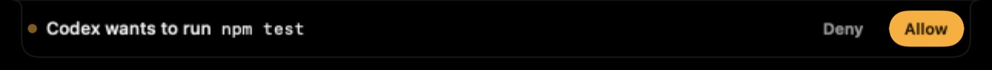 The closed notch on a MacBook, black, reading Codex wants to run npm test next to an amber dot, with a Deny button and an amber Allow button at the right end