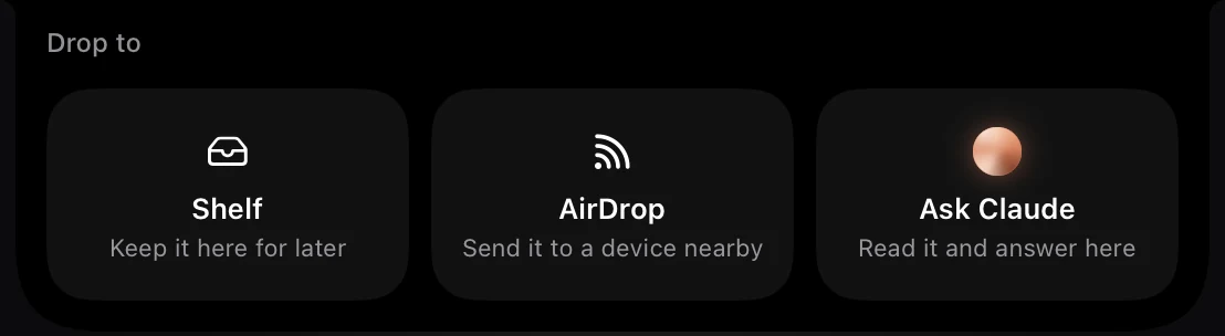 The notch opened into three tiles while a file is dragged toward it: Shelf, keep it here for later; AirDrop, send it to a device nearby; Ask Claude, read it and answer here