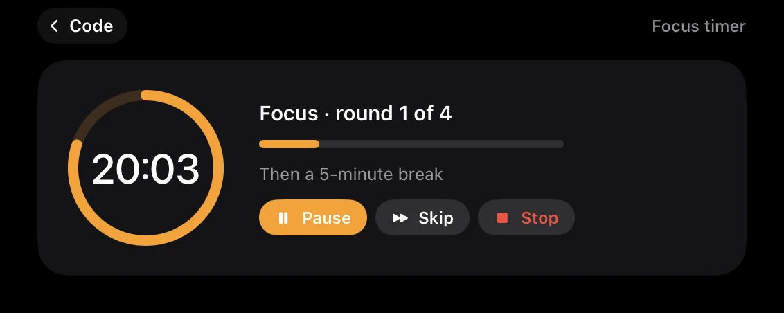 Crest's Focus timer screen while it runs: an orange ring around 20:03, Focus round 1 of 4, a progress bar, Then a 5-minute break, and Pause, Skip and Stop buttons
