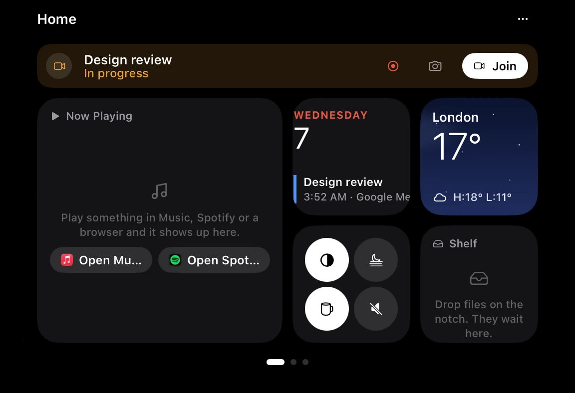 Crest's Home page under the notch: a meeting banner with Join, Now Playing, a calendar card for Wednesday 7, a weather card for London at 17 degrees with a high of 18 and a low of 11, light switches and the Shelf