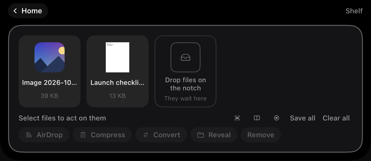 Crest's Shelf screen under the notch with two files, a picture and Launch checklist.pdf, a drop area, and the buttons AirDrop, Compress, Convert, Reveal, Remove, Save all and Clear all