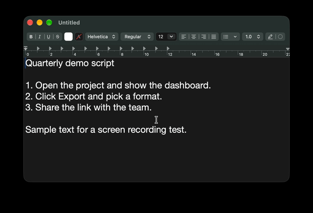 An animated GIF of a TextEdit window of sample text in which a fourth line is typed: Stop the recording and send the file