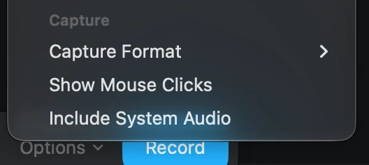 The bottom of the Options menu in the macOS 27 screenshot toolbar: Capture, then Capture Format, Show Mouse Clicks and Include System Audio, above the Options and Record buttons