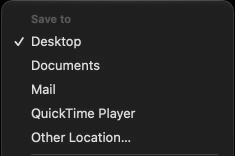 The Save to section of the Options menu in the macOS 27 screenshot toolbar in recording mode: Desktop ticked, then Documents, Mail, QuickTime Player and Other Location