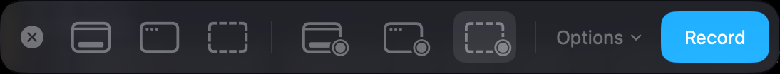 The macOS 27 screenshot toolbar: close, three screenshot buttons, then Record Entire Screen, Record Selected Window and Record Selected Portion, the last one selected, then Options and a blue Record button