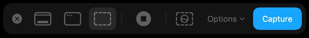 The macOS 27 screenshot toolbar during a recording: three capture buttons, then one round stop button where the three record buttons usually are, then Visual Intelligence, Options and Capture
