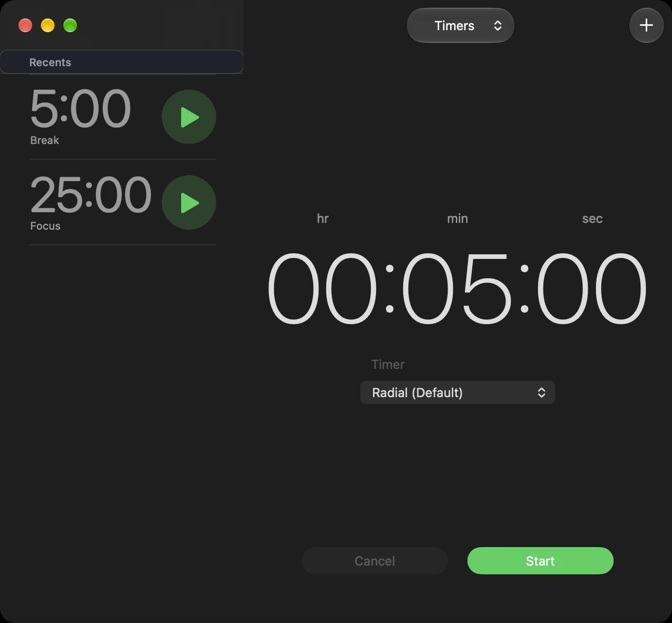 The Clock app's Timers view on macOS 27: under Recents, a 5:00 timer called Break and a 25:00 timer called Focus, each with a green play button, and a 5 minute timer set up on the right with the Radial sound