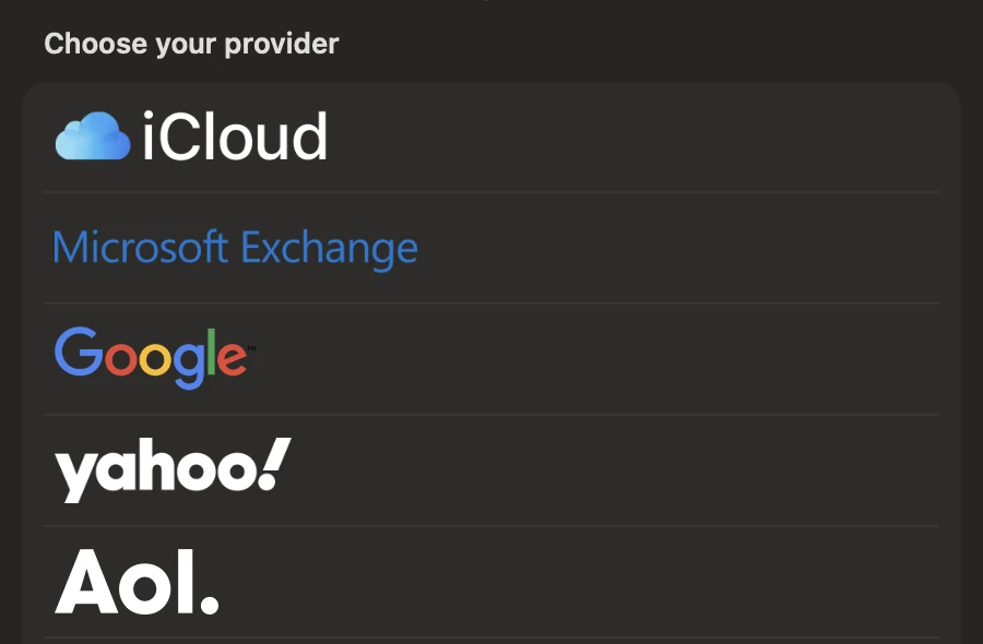 The Choose your provider list in System Settings, Internet Accounts, Add Account on macOS 27: iCloud, Microsoft Exchange, Google, Yahoo and AOL