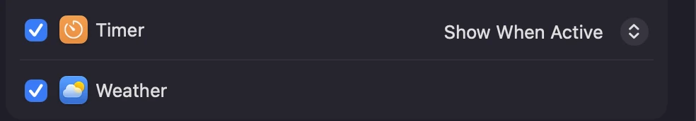 Menu Bar Controls in System Settings on macOS 27 with Timer ticked and set to Show When Active, and Weather ticked below it
