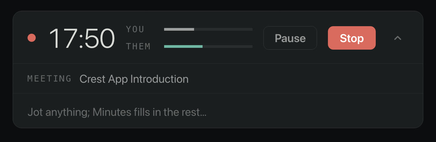 Minutes while a call is running: a recording dot, the elapsed time, a level meter for each side, Pause and Stop, and one line to jot in