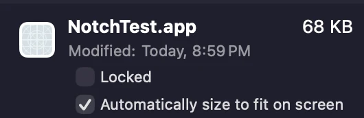 A Get Info window on macOS 27 with the checkbox Automatically size to fit on screen ticked, under Locked