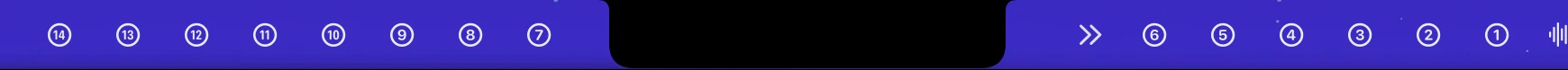 The same menu bar after clicking the double arrow: test icons 14 to 7 now sit to the left of the notch, and the arrow points right
