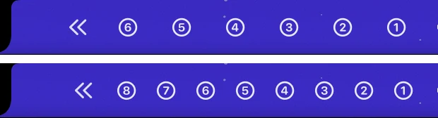 Two strips of the same menu bar. Top: six numbered test icons fit beside the notch at the normal spacing. Bottom: eight fit with the spacing set to 6