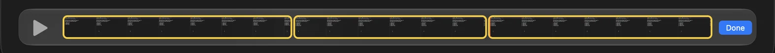 QuickTime Player's clip strip with the movie split into three clips, each outlined in yellow, and a Done button