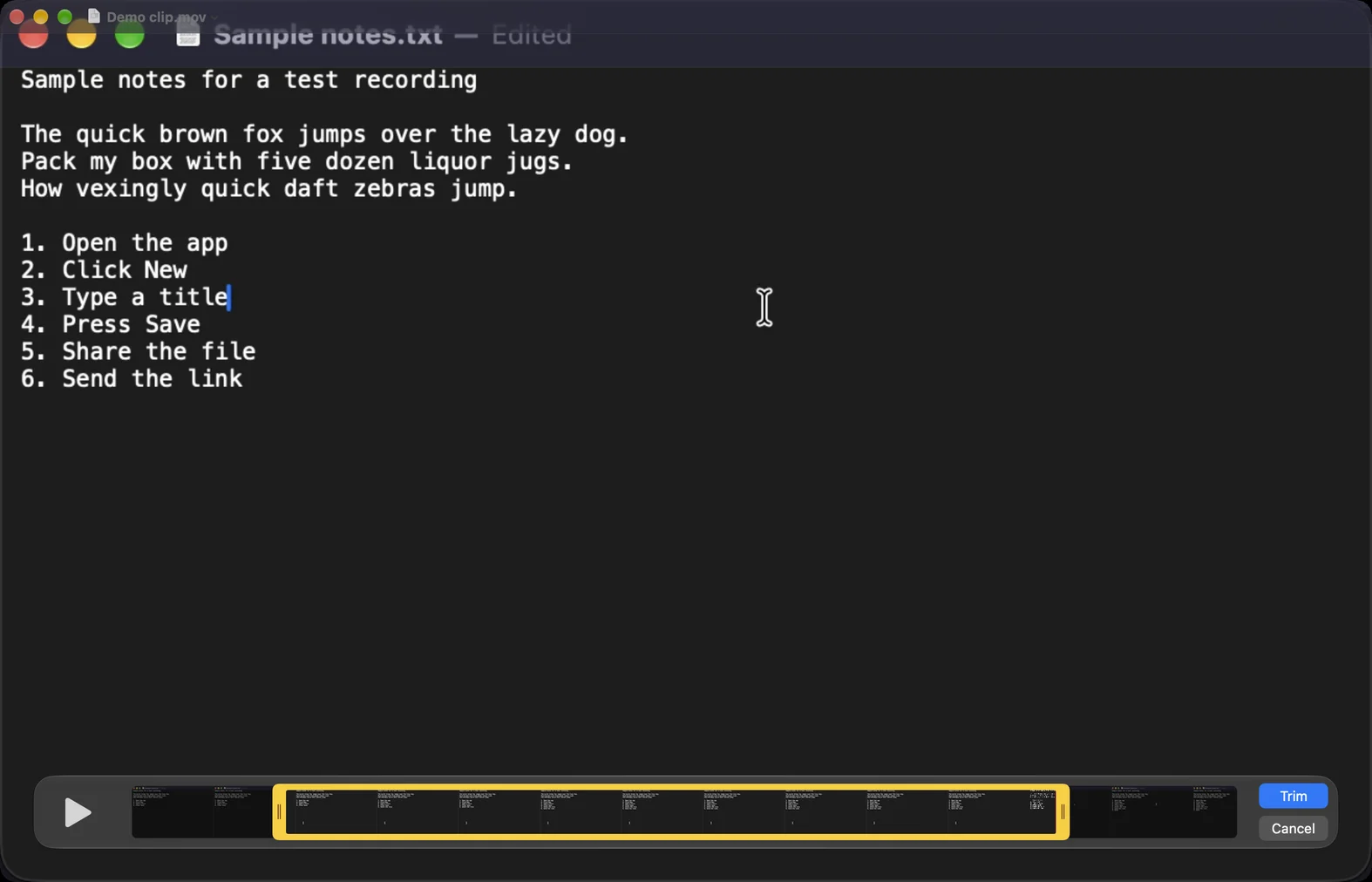 QuickTime Player on macOS 27 in trim mode, showing a recording of a TextEdit window of sample text, with the yellow trim handles around the middle of the frame strip and the Trim and Cancel buttons