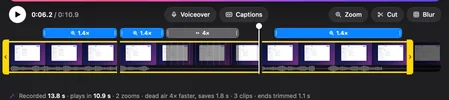 The same strip cut into three clips: 1.4x zooms over the first two clips, a pause at four times speed and a third zoom, and the line under it: recorded 13.8 s, plays in 10.9 s, 2 zooms, dead air 4x faster, saves 1.8 s, 3 clips, ends trimmed 1.1 s.
