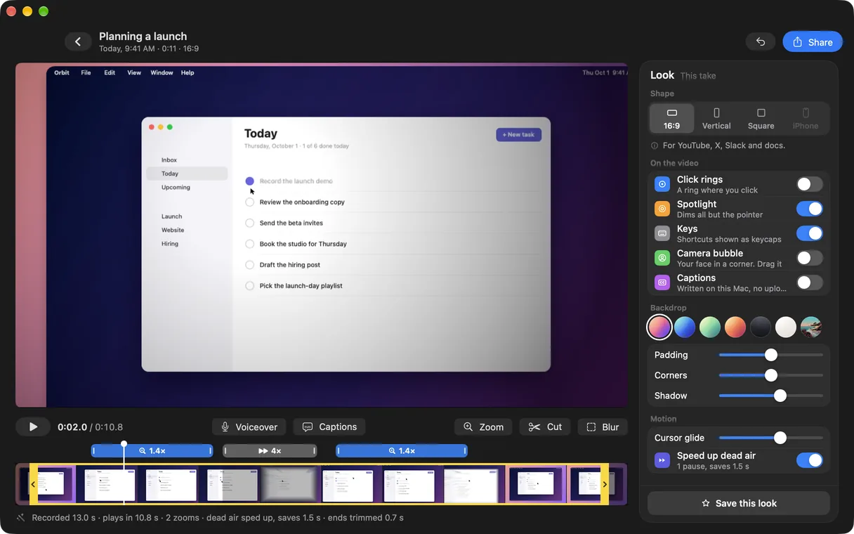 Take’s editor: the staged recording with its backdrop, the Look panel and the strip below with zooms and a pause sped up.