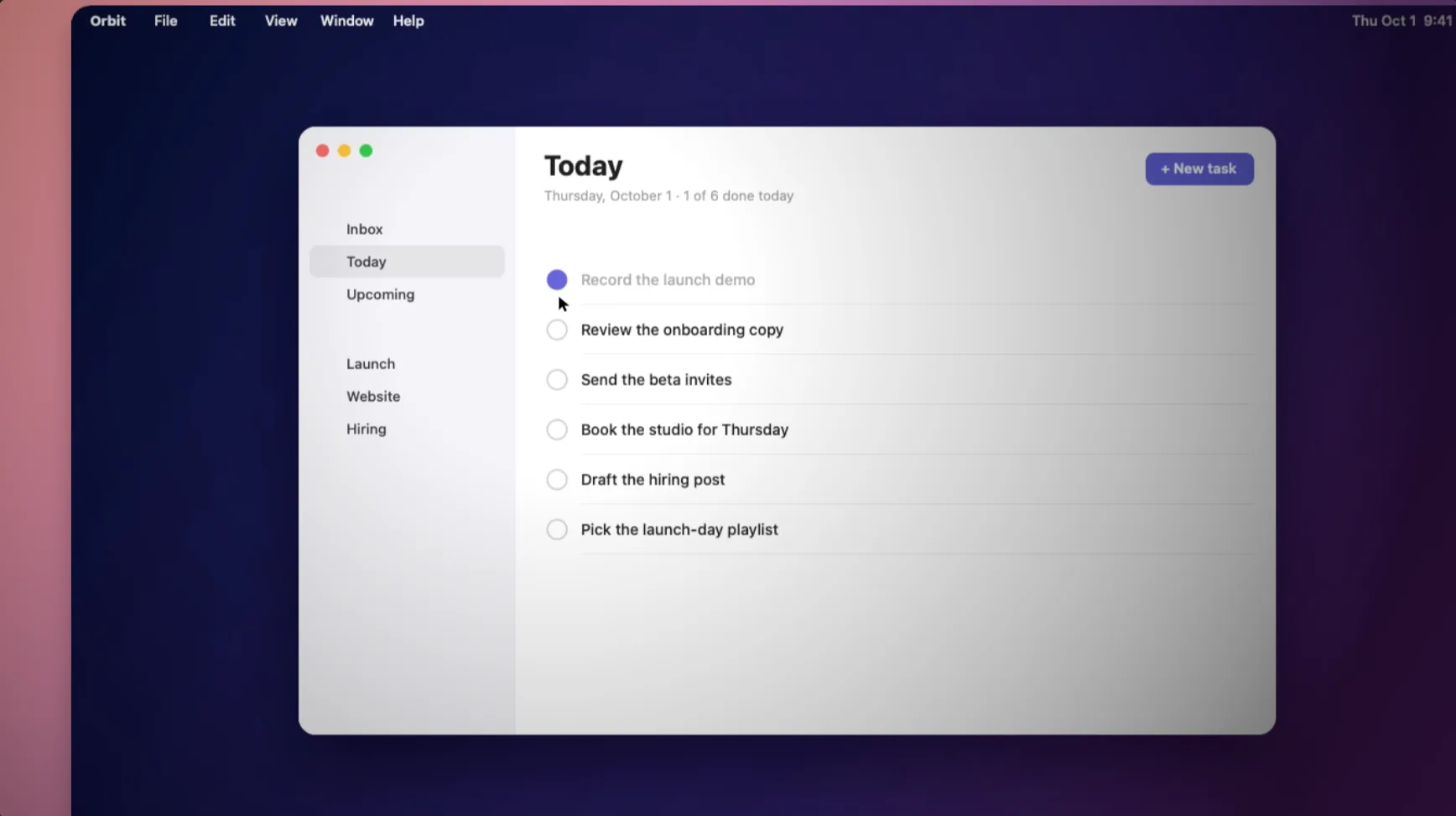 A frame as Take 4 draws it, mid-zoom: a to-do app's window on the recorded desktop, the cursor redrawn over the first task, and the spotlight dimming the edges of the picture