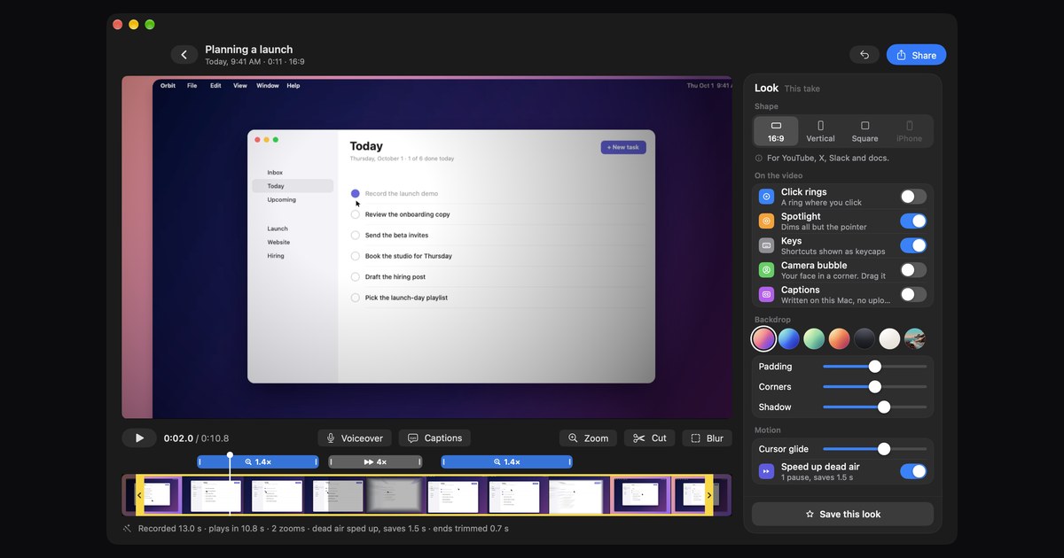 Take's editor: a staged recording of a to-do app, the Look panel with its shape, switches and backdrops, and the strip with two zooms.