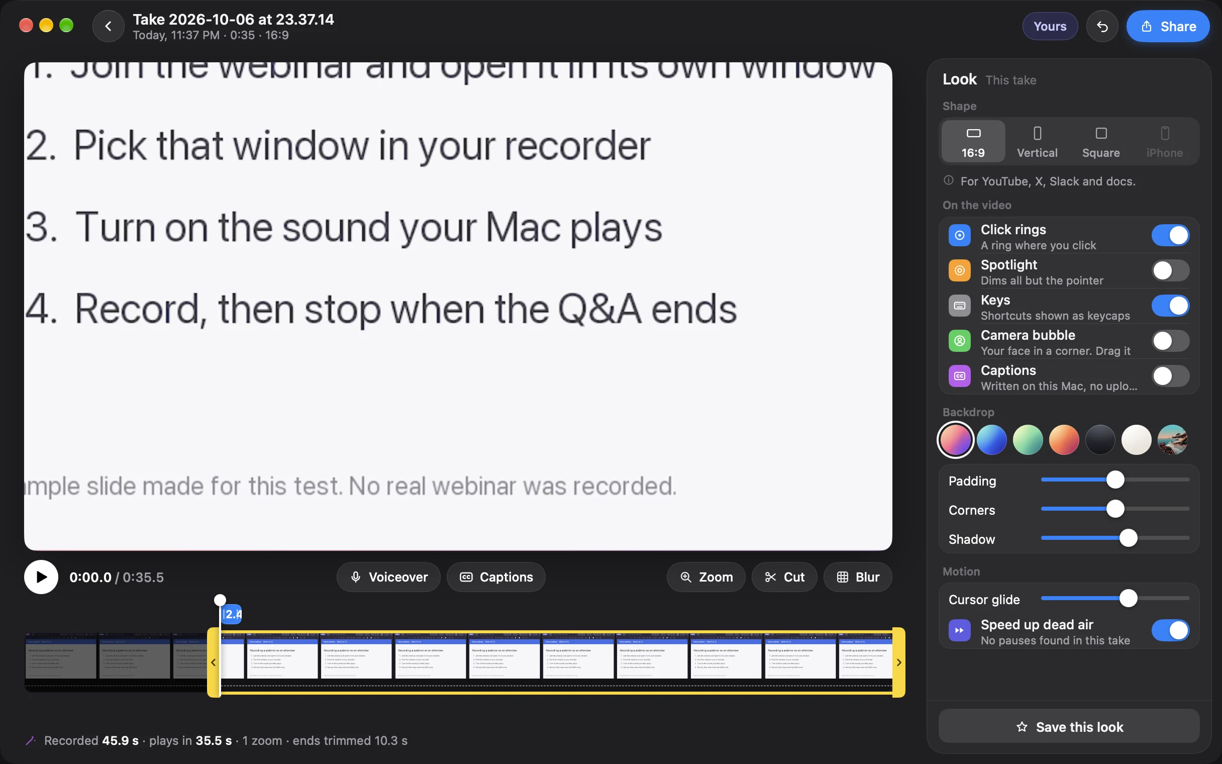 Take's editor showing a recording of a sample webinar slide, zoomed in on the slide, with the Look panel on the right and the strip of frames below. The line under the strip reads Recorded 45.9 s, plays in 35.5 s, 1 zoom, ends trimmed 10.3 s
