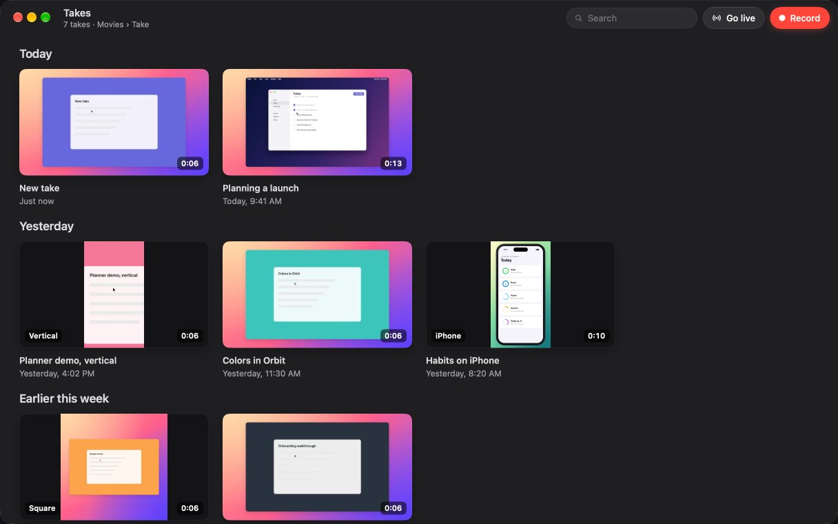 Take's library of recordings, each a plain .mov file in a folder you own
