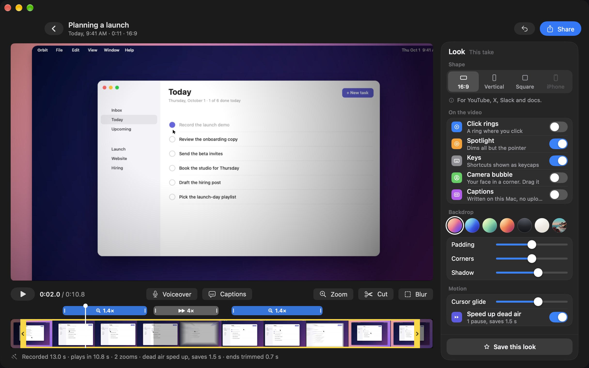 Take's editor on a take called Planning a launch: the staged recording of a to-do app, the Look panel on the right, and the strip below with two zooms and a sped-up pause