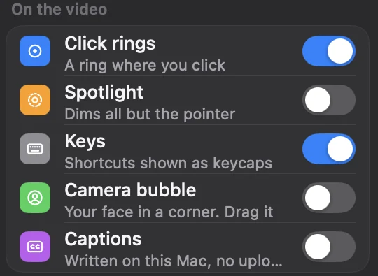 The On the video switches in Take's Look panel: Click rings, Spotlight, Keys, Camera bubble with the note Your face in a corner. Drag it, and Captions