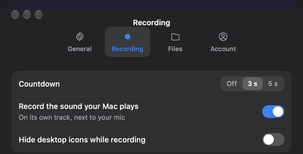 Take's Settings window, Recording tab: Countdown set to 3 s, Record the sound your Mac plays switched on with the note On its own track, next to your mic, and Hide desktop icons while recording