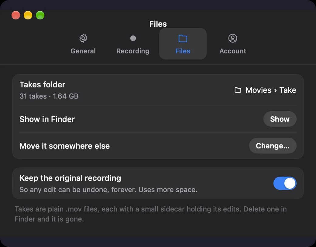 Take's Settings window, Files tab: Takes folder Movies, Take, with Show in Finder and Move it somewhere else, and Keep the original recording switched on