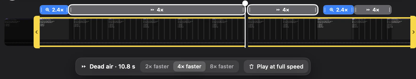 The strip in Take's editor: a zoom, a long sped-up pause marked 4x cut in two at the playhead, a second zoom and a short pause, with the yellow trim ends, and a bar below reading Dead air 10.8 s with 2x, 4x and 8x faster and Play at full speed