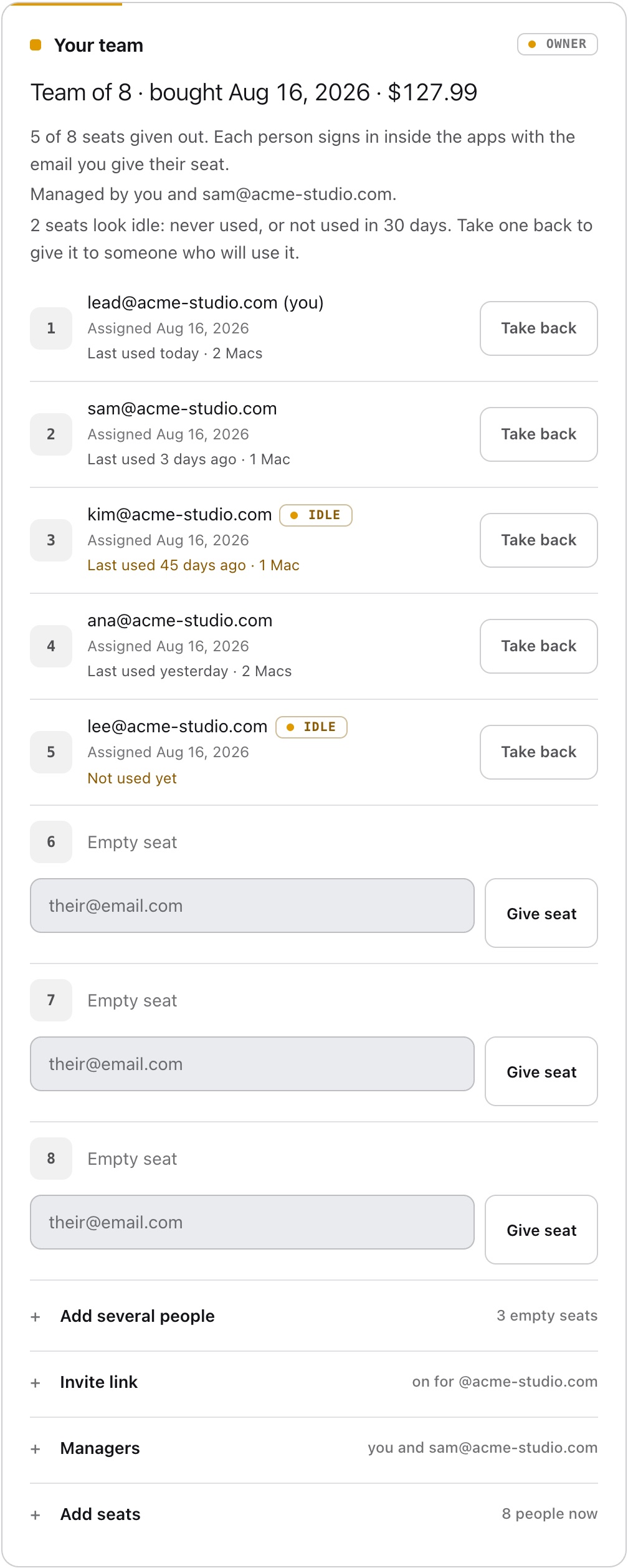 The Your team panel on the Crest account page for a team of 8: five seats given out, each with when it was last used and on how many Macs, two marked idle, three empty seats with Give seat, and folds for adding several people, the invite link, managers and adding seats.
